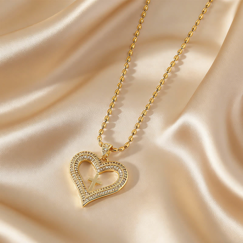Golden Heart & Cross Sparkle Pendant Necklace