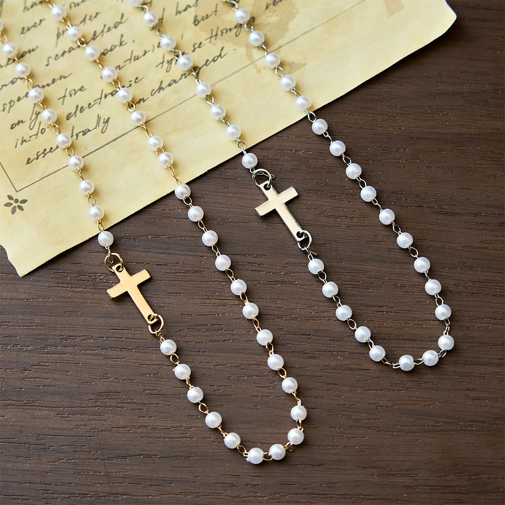 White Beads with Cross Necklace