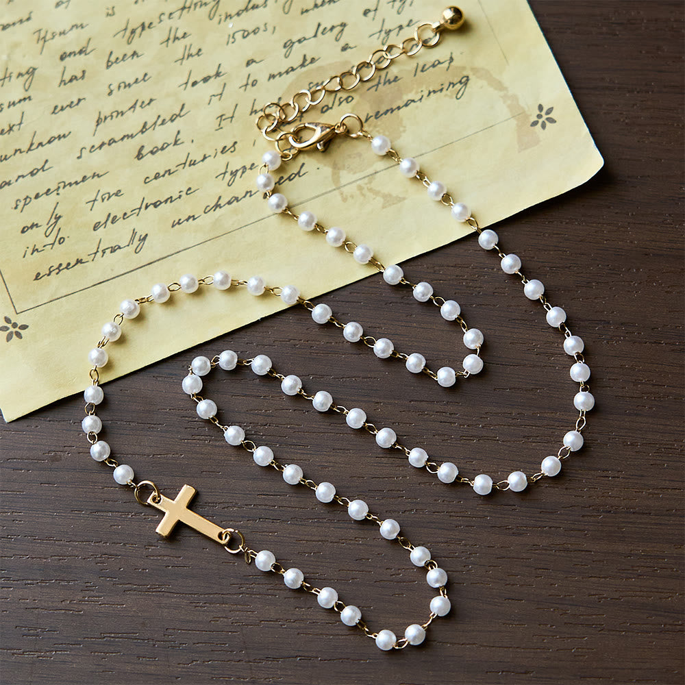 White Beads with Cross Necklace