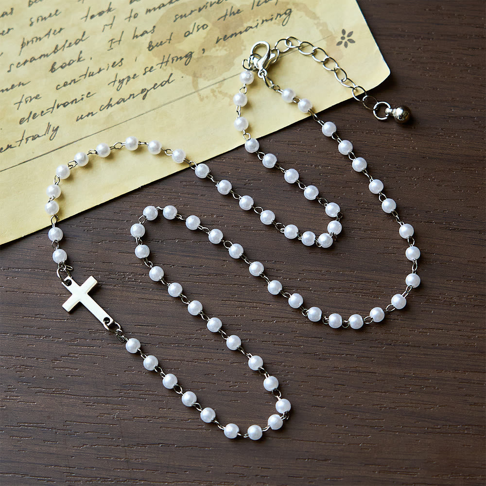 White Beads with Cross Necklace