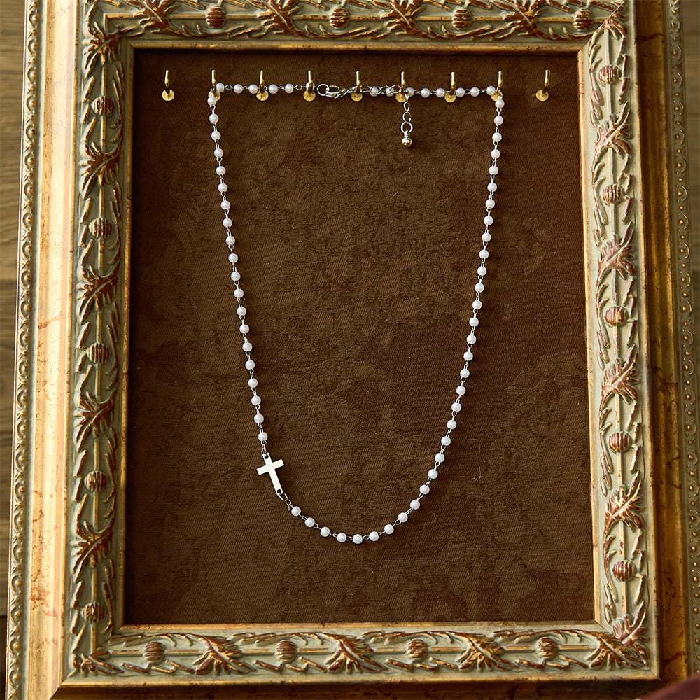 White Beads with Cross Necklace