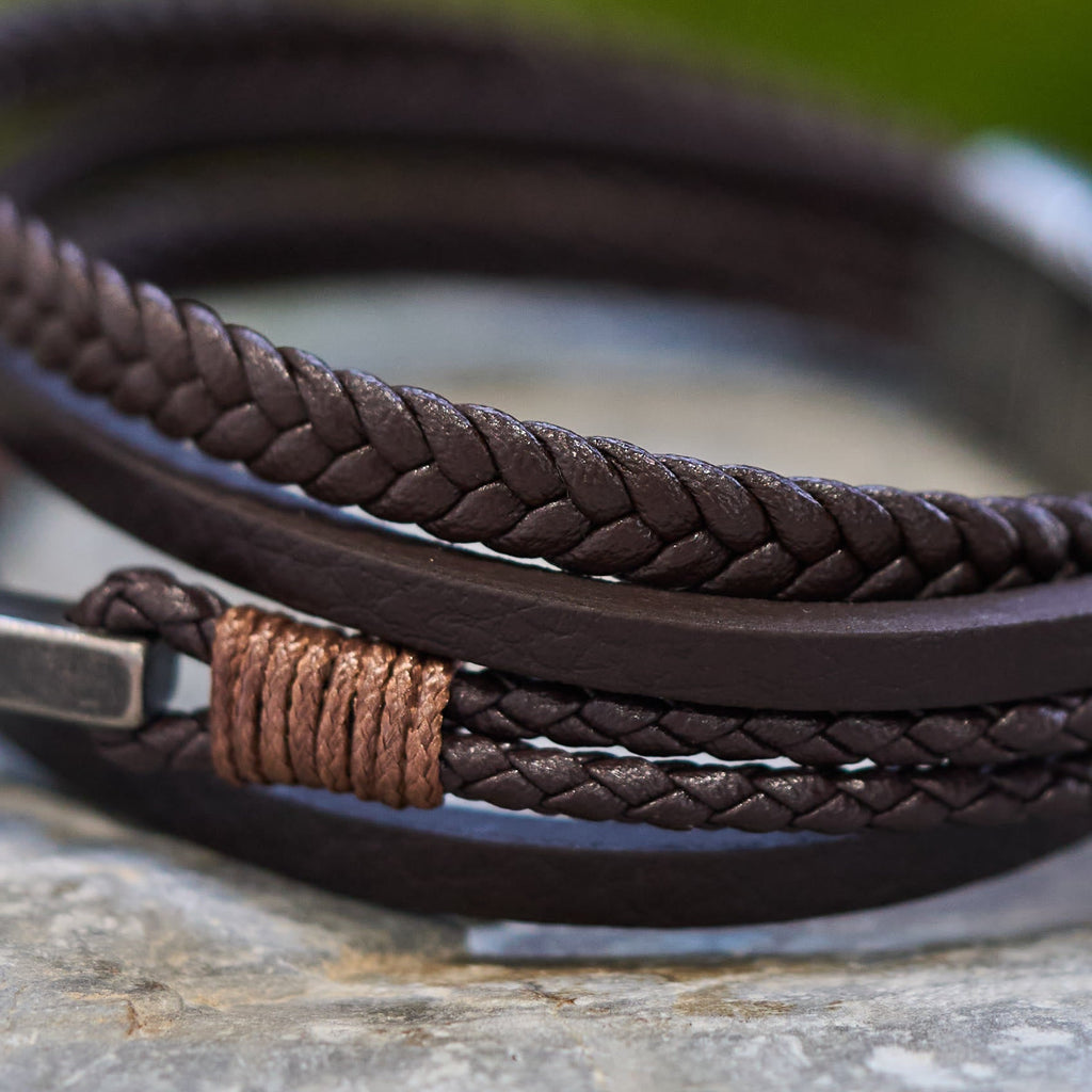 Tri-Color Stainless Steel Cross & Braided Leather Fashion Bracelet