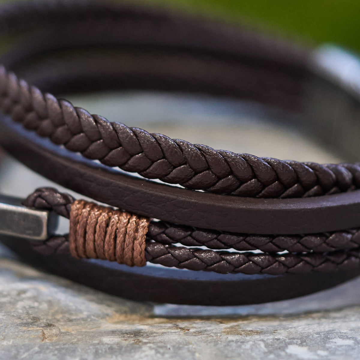 Tri-Color Stainless Steel Cross & Braided Leather Fashion Bracelet