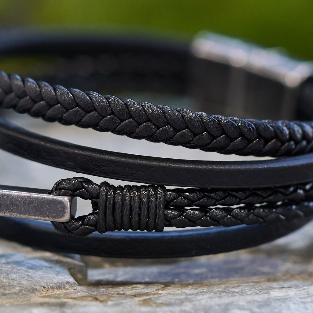 Tri-Color Stainless Steel Cross & Braided Leather Fashion Bracelet
