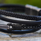 Tri-Color Stainless Steel Cross & Braided Leather Fashion Bracelet