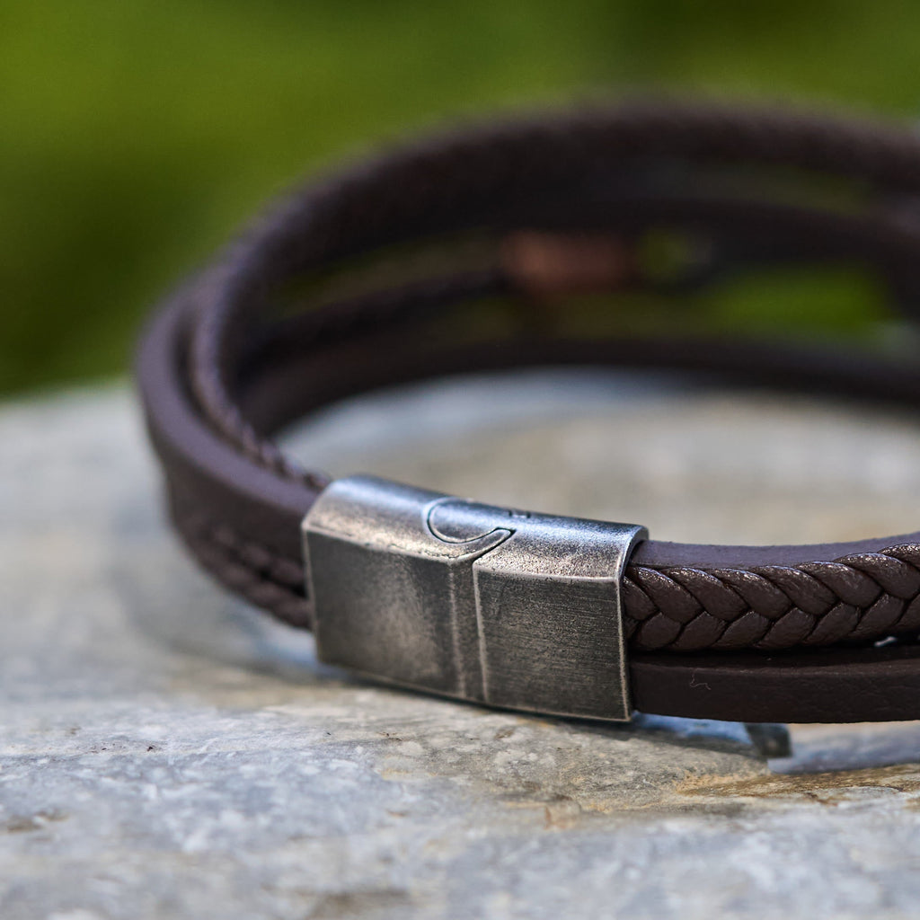 Tri-Color Stainless Steel Cross & Braided Leather Fashion Bracelet