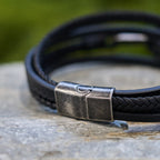 Tri-Color Stainless Steel Cross & Braided Leather Fashion Bracelet
