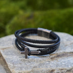 Tri-Color Stainless Steel Cross & Braided Leather Fashion Bracelet