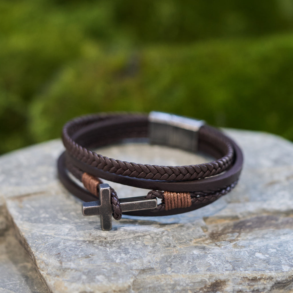 Tri-Color Stainless Steel Cross & Braided Leather Fashion Bracelet