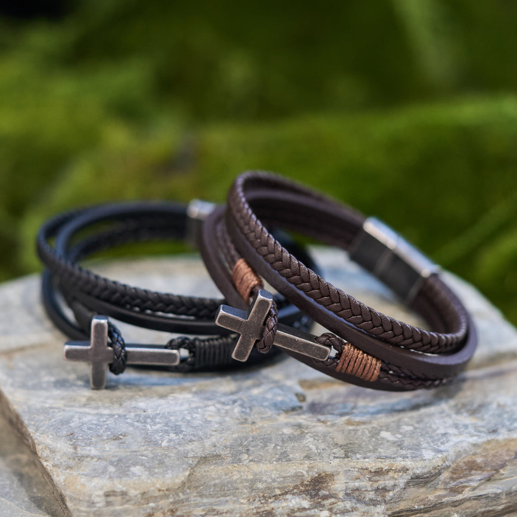 Tri-Color Stainless Steel Cross & Braided Leather Fashion Bracelet