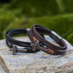 Tri-Color Stainless Steel Cross & Braided Leather Fashion Bracelet