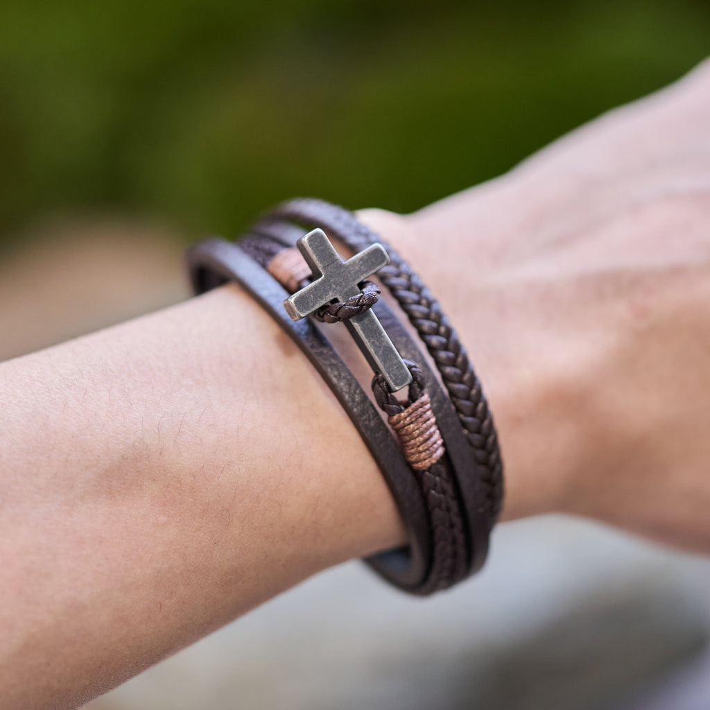 Tri-Color Stainless Steel Cross & Braided Leather Fashion Bracelet