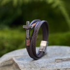 Tri-Color Stainless Steel Cross & Braided Leather Fashion Bracelet
