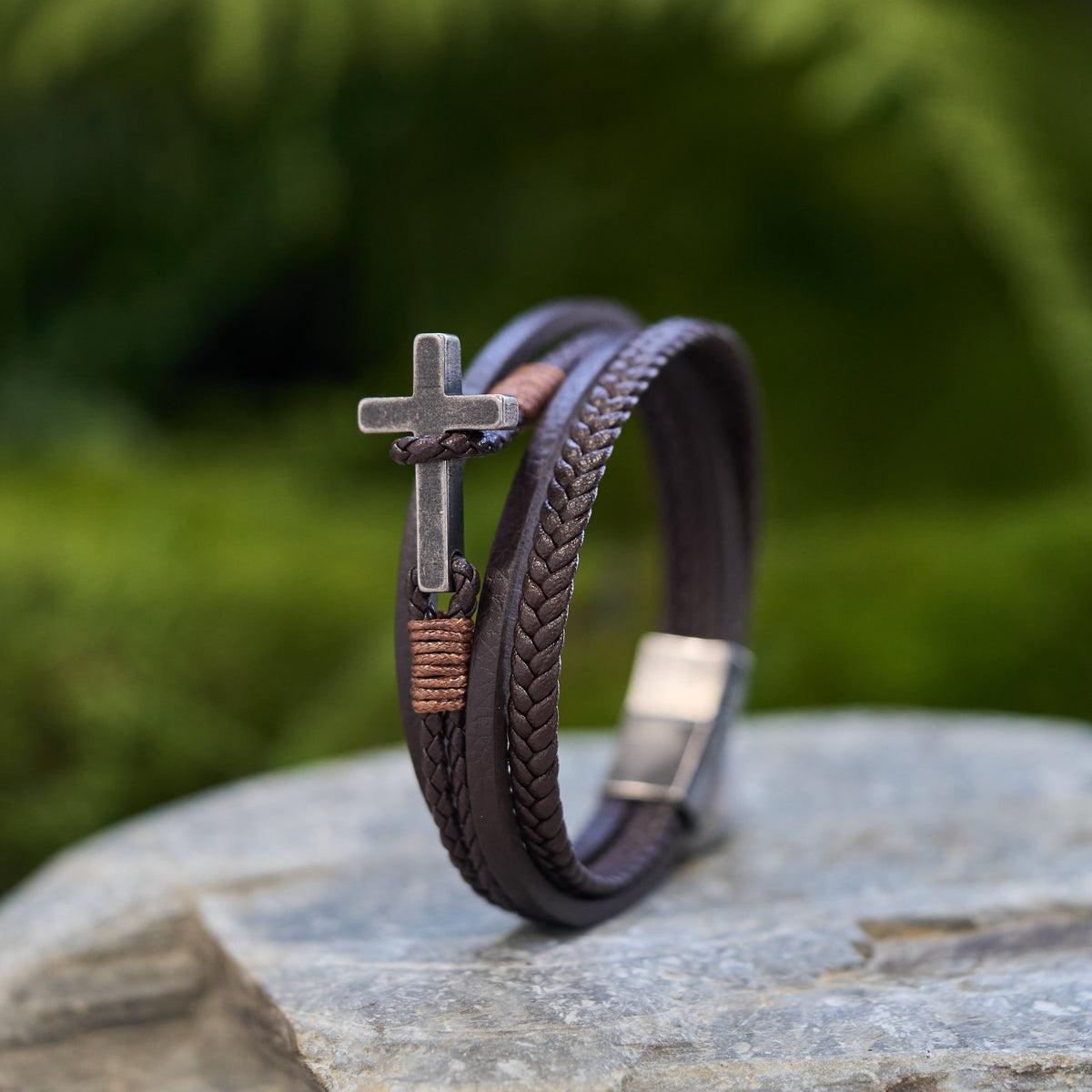 Tri-Color Stainless Steel Cross & Braided Leather Fashion Bracelet