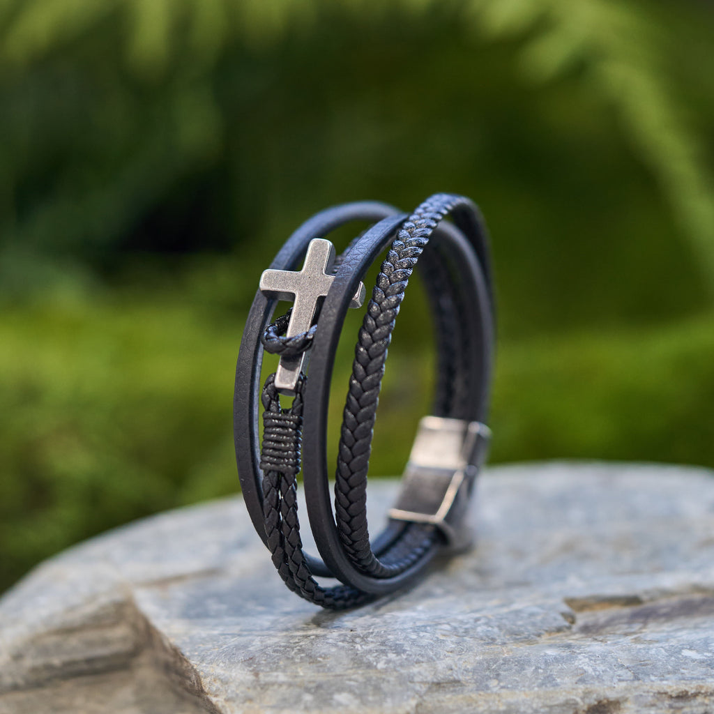 Tri-Color Stainless Steel Cross & Braided Leather Fashion Bracelet