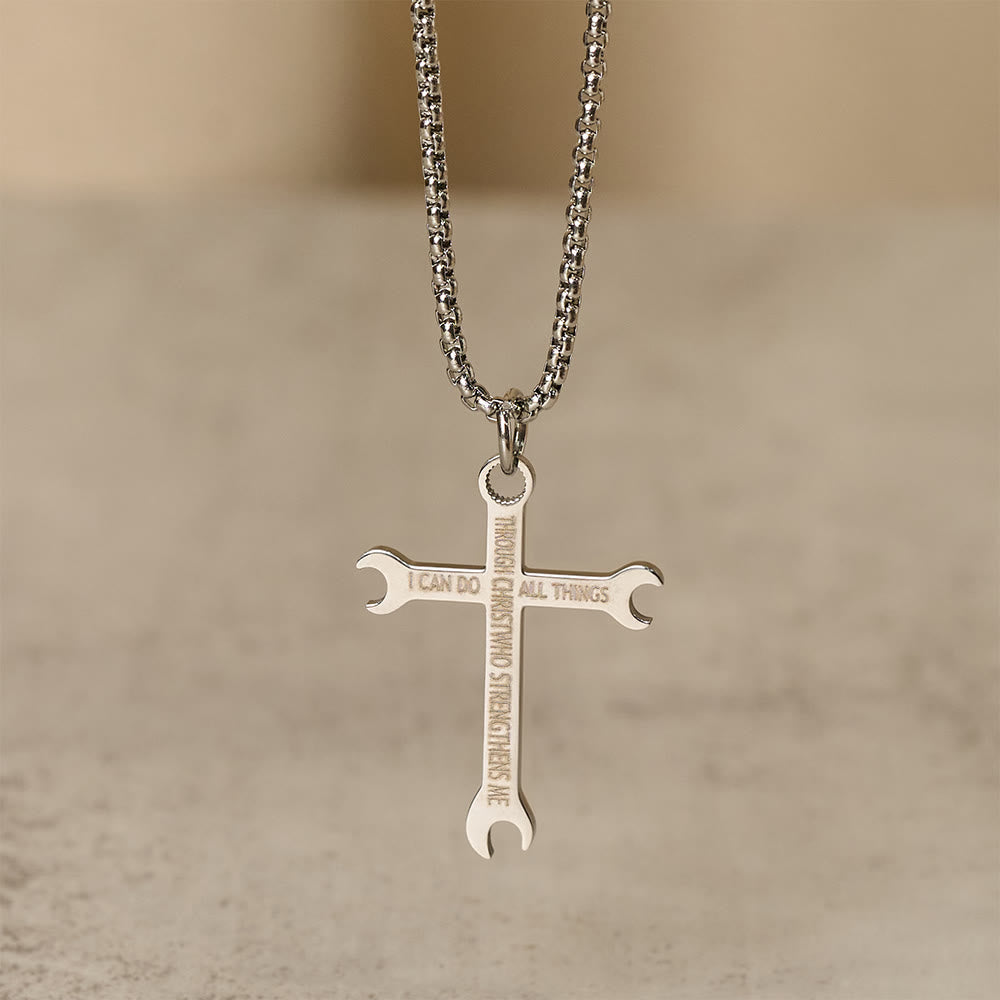 Minimalist Tricolor Wrench Cross Necklace with Faith & Strength Bible