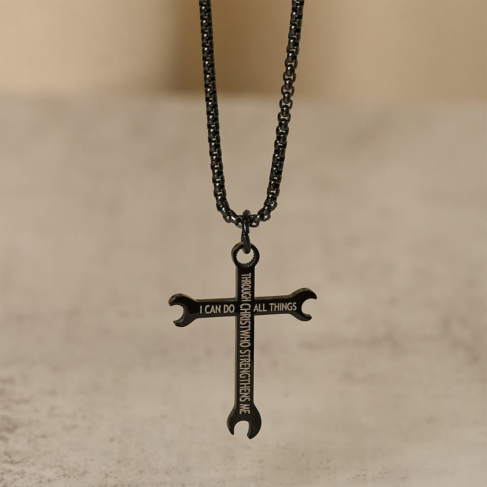 Minimalist Tricolor Wrench Cross Necklace with Faith & Strength Bible
