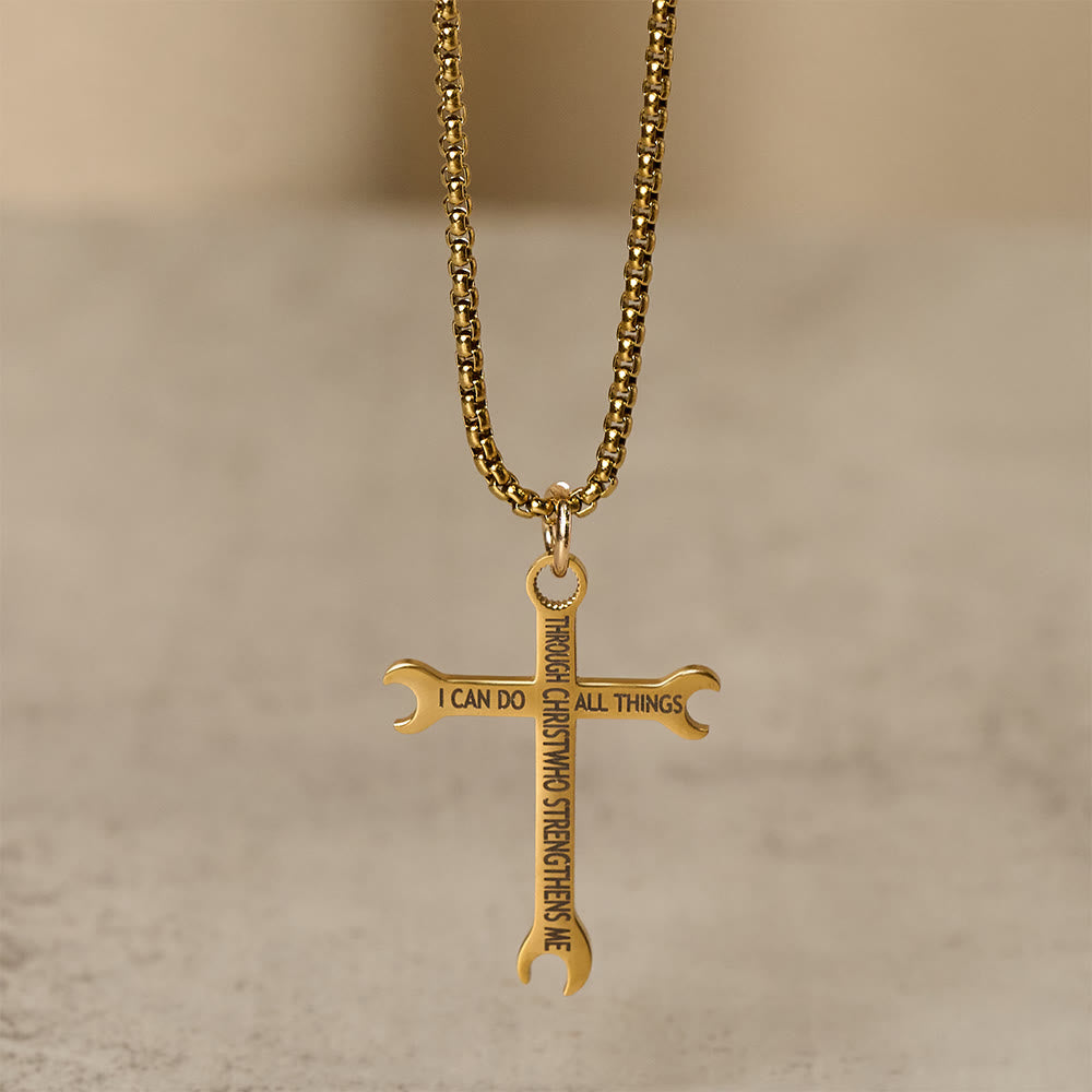 Minimalist Tricolor Wrench Cross Necklace with Faith & Strength Bible