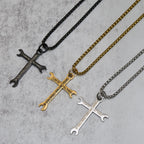 Minimalist Tricolor Wrench Cross Necklace with Faith & Strength Bible