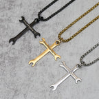 Minimalist Tricolor Wrench Cross Necklace with Faith & Strength Bible