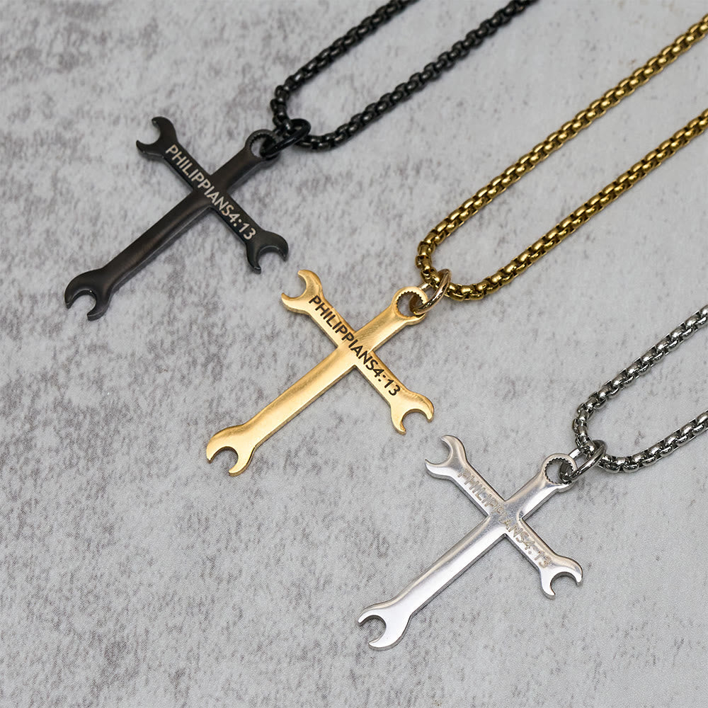 Minimalist Tricolor Wrench Cross Necklace with Faith & Strength Bible