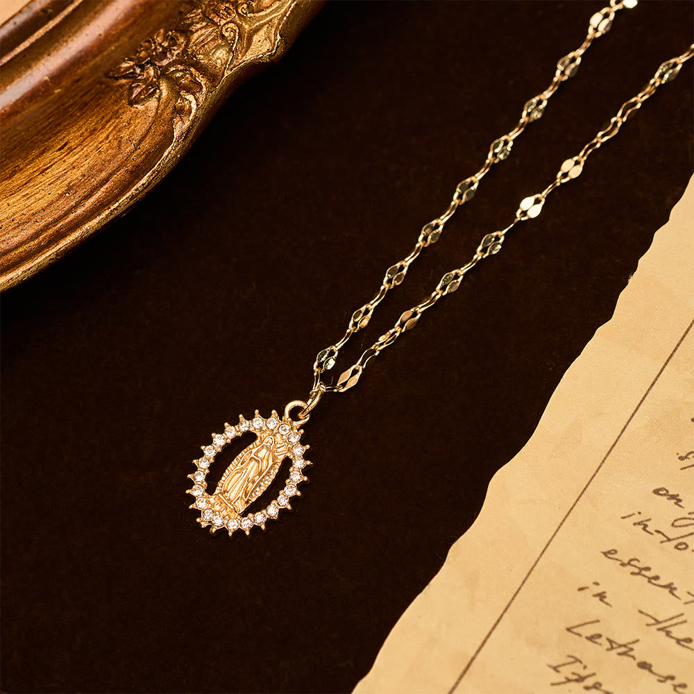 Oval Our Lady Necklace with Encircled Cubic Zirconia