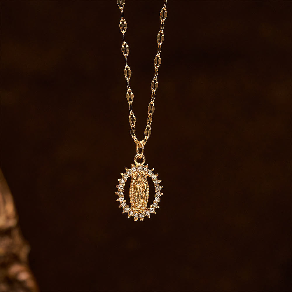 Oval Our Lady Necklace with Encircled Cubic Zirconia