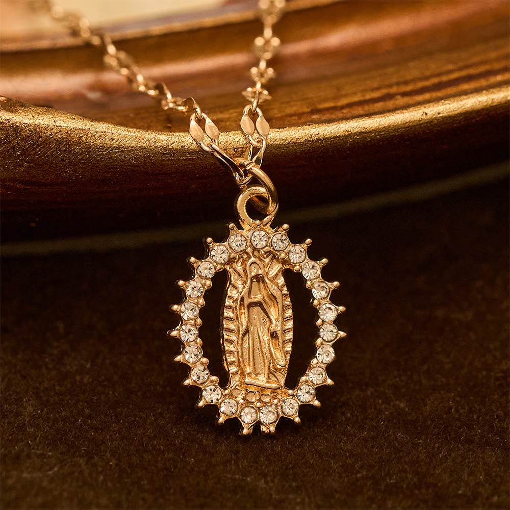 Oval Our Lady Necklace with Encircled Cubic Zirconia