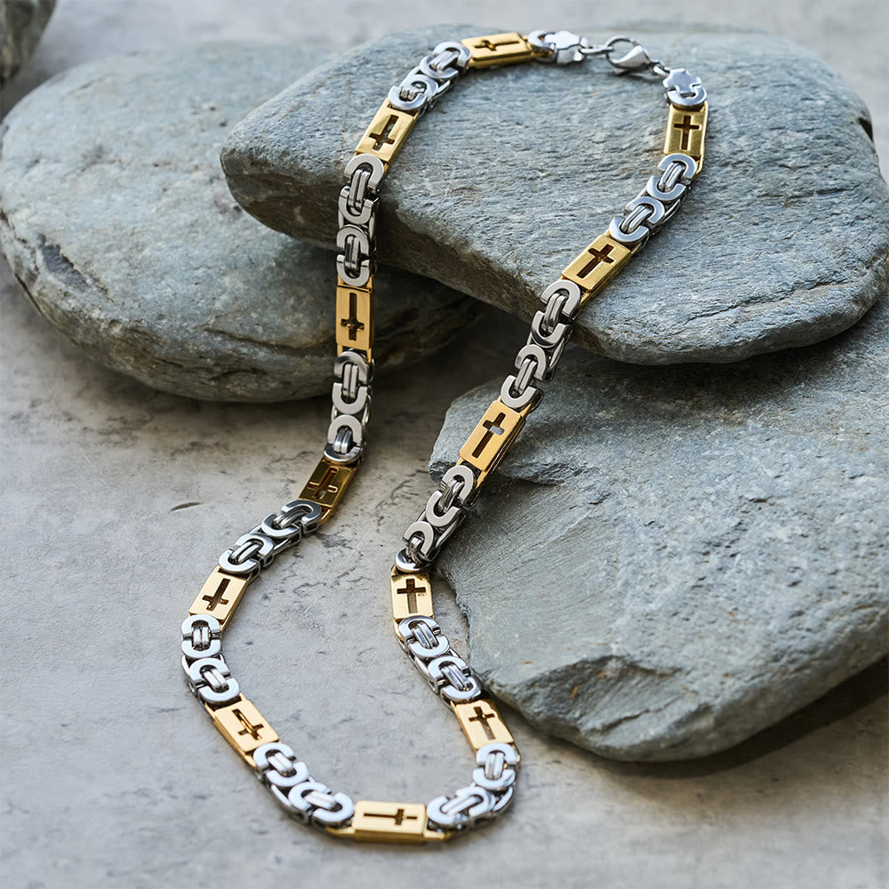 Tri-Color Cross-Embedded Chain Necklace & Bracelet