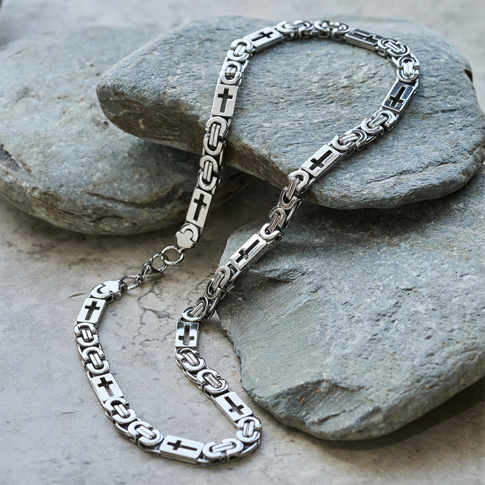 Tri-Color Cross-Embedded Chain Necklace & Bracelet