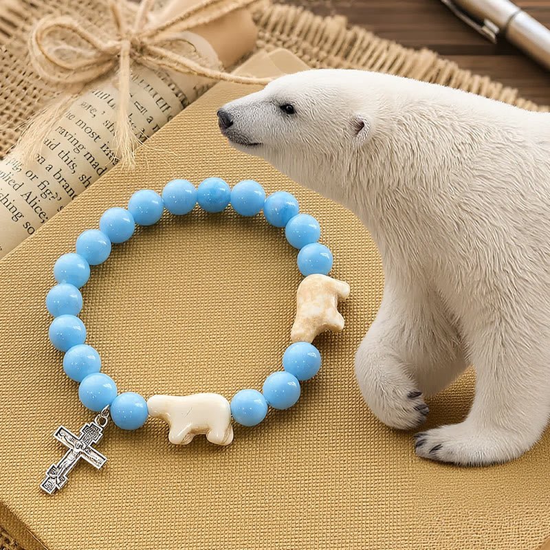 Blue Bead Polar Bear Handmade Cross Bracelet