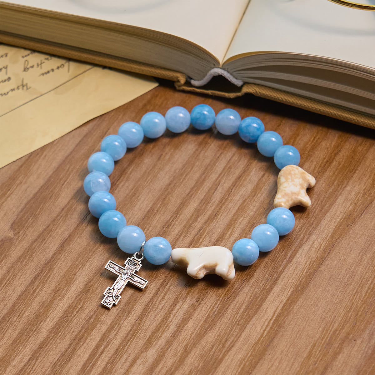 Blue Bead Polar Bear Handmade Cross Bracelet