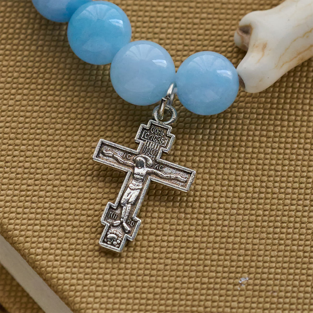 Blue Bead Polar Bear Handmade Cross Bracelet