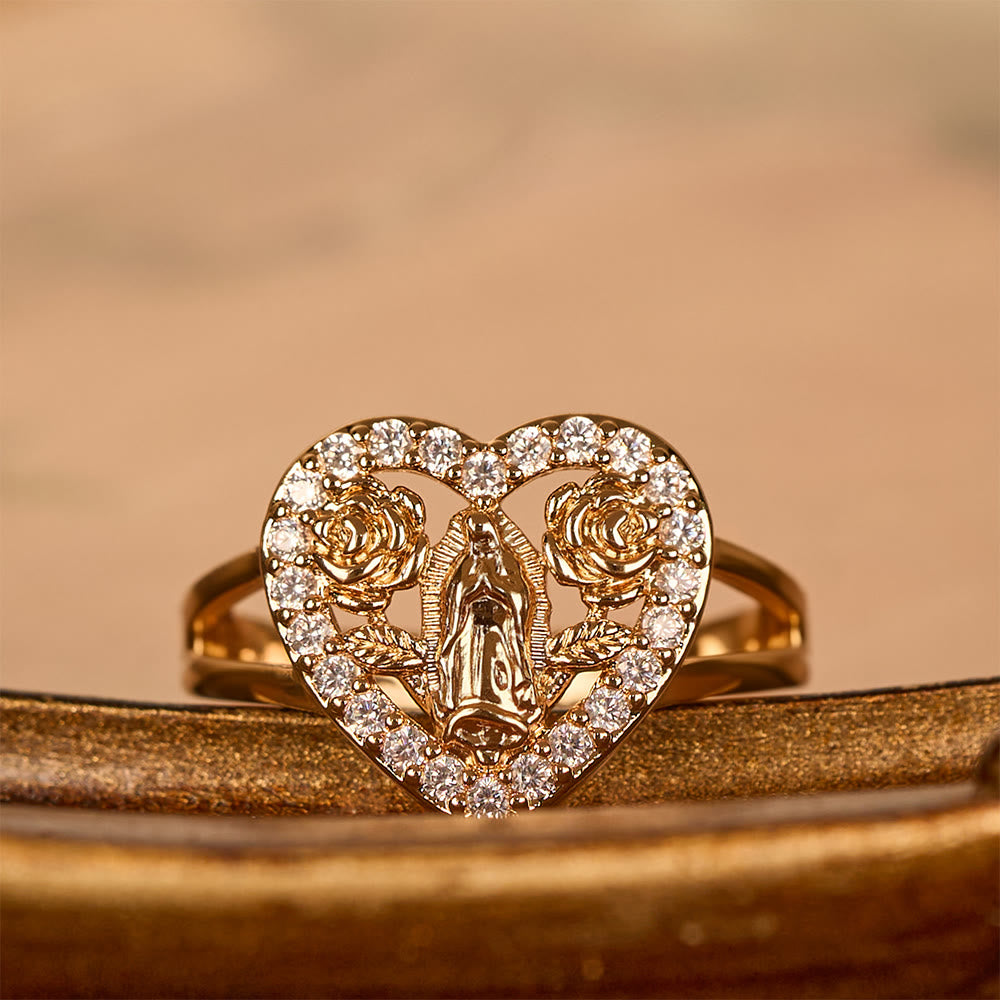 Heart-Shaped Our Lady Motif Ring with Rose Accents