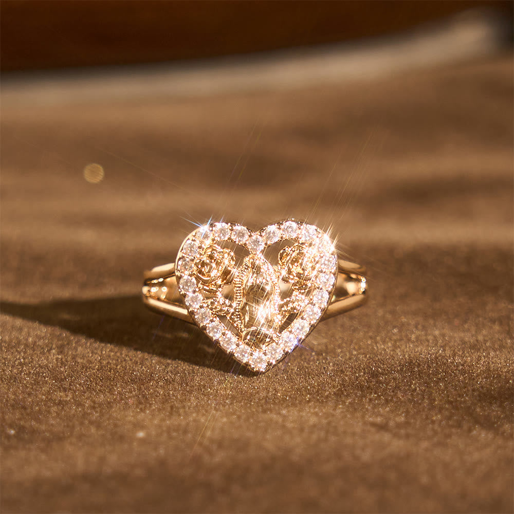 Heart-Shaped Our Lady Motif Ring with Rose Accents
