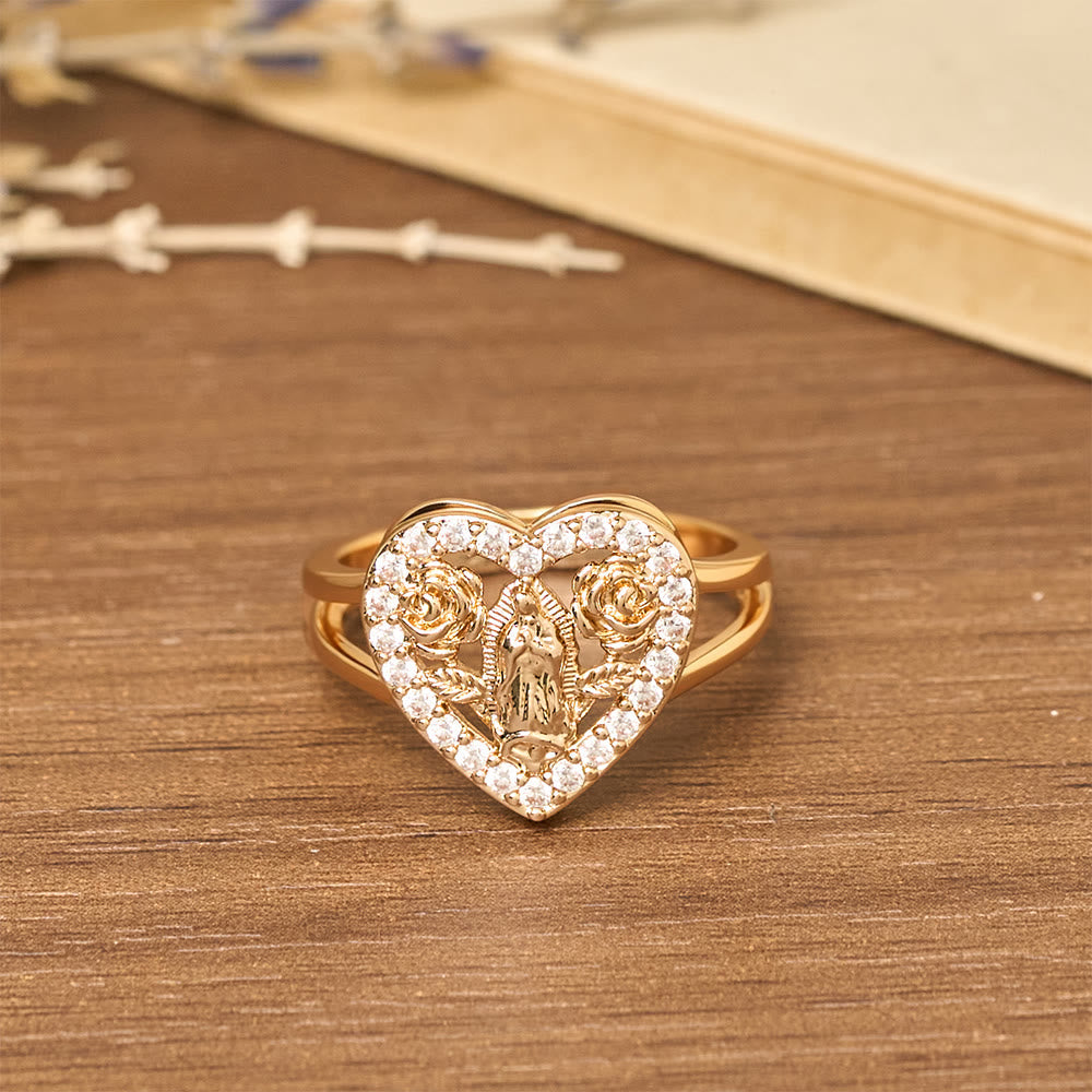 Heart-Shaped Our Lady Motif Ring with Rose Accents