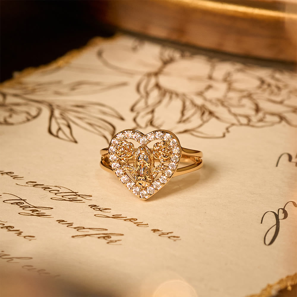 Heart-Shaped Our Lady Motif Ring with Rose Accents