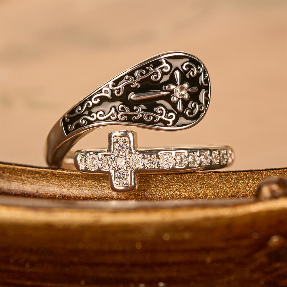 Classic Adjustable Artisan Faith Cross Ring with Baroque Patterns