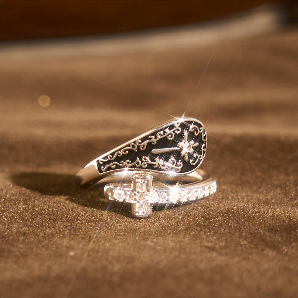 Classic Adjustable Artisan Faith Cross Ring with Baroque Patterns