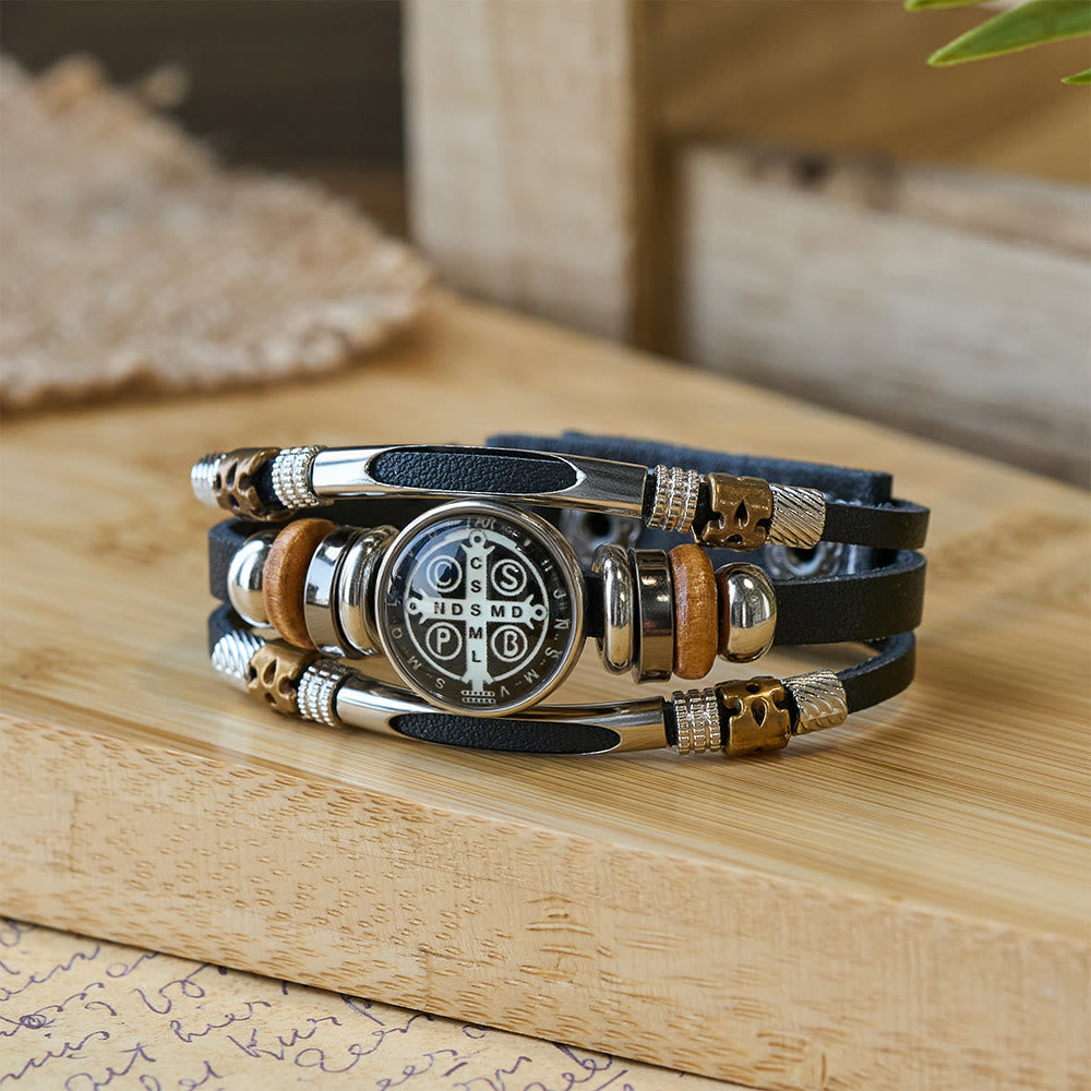 St. Benedict Collection Black Leather Cuff Bracelet with Multiple