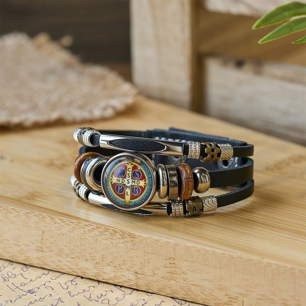 St. Benedict Collection Black Leather Cuff Bracelet with Multiple