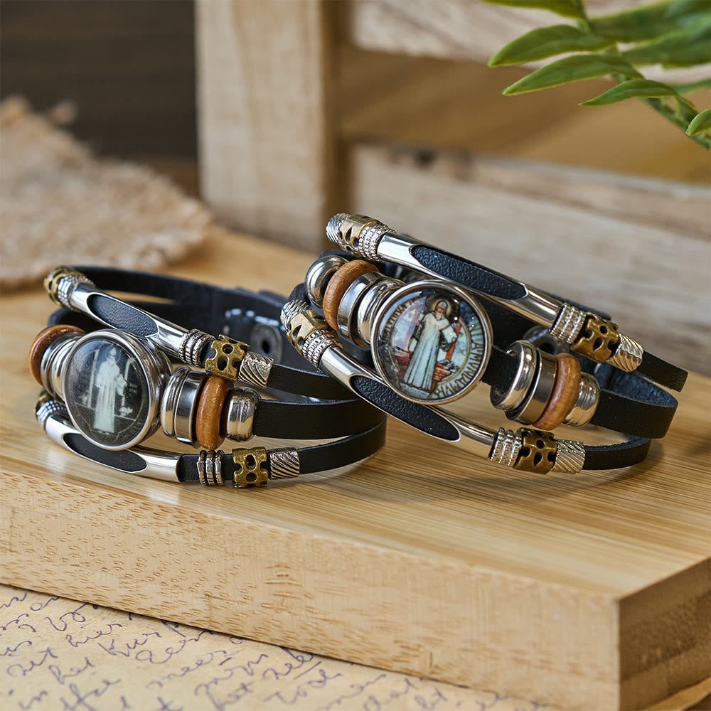 St. Benedict Collection Black Leather Cuff Bracelet with Multiple
