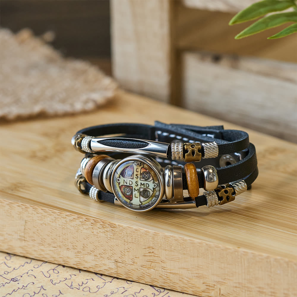 St. Benedict Collection Black Leather Cuff Bracelet with Multiple