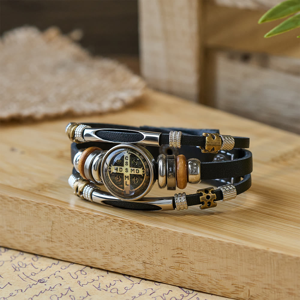 St. Benedict Collection Black Leather Cuff Bracelet with Multiple