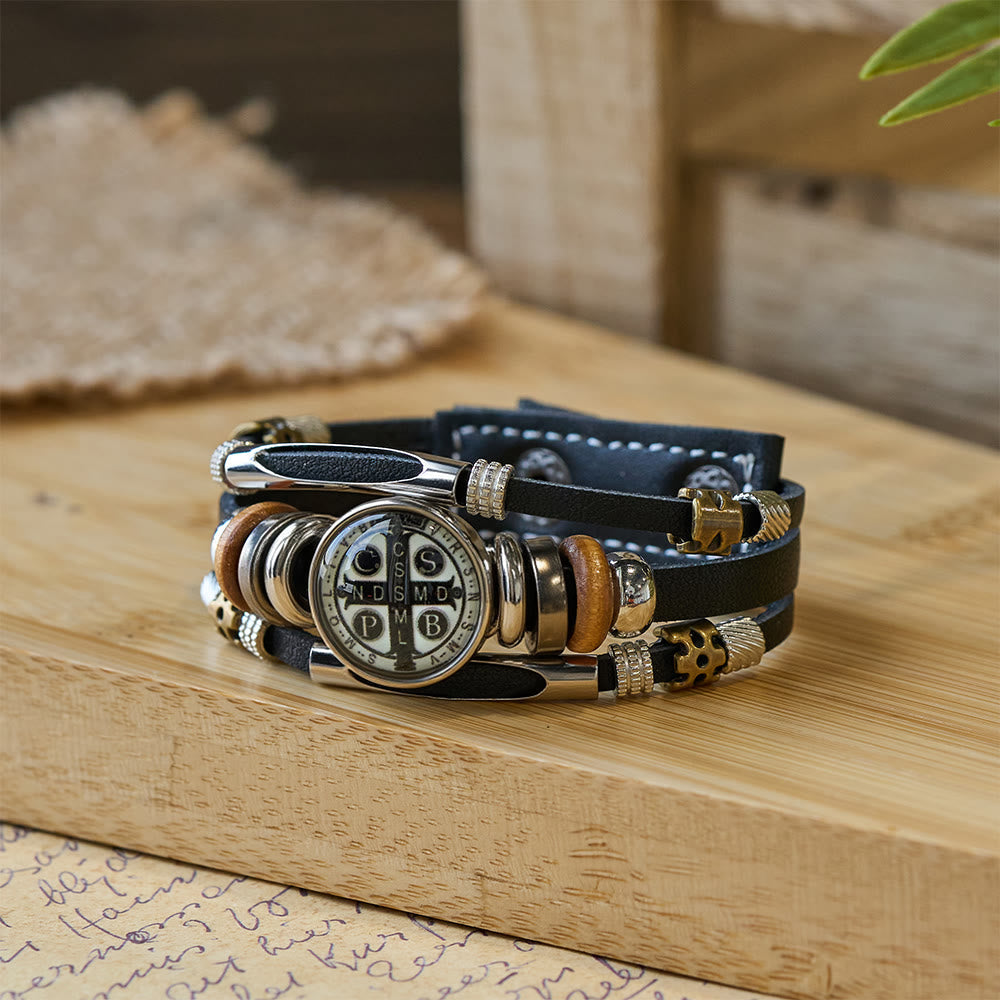 St. Benedict Collection Black Leather Cuff Bracelet with Multiple