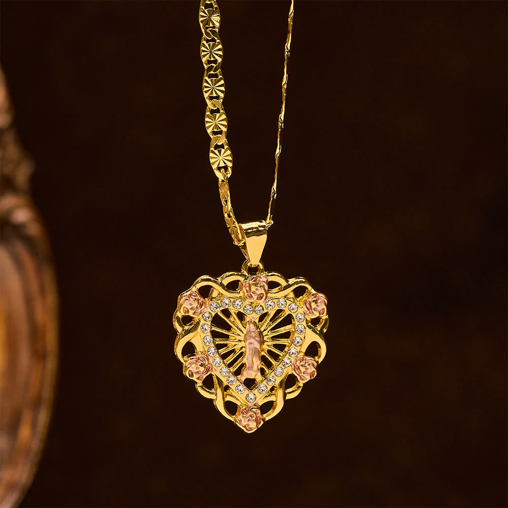 Openwork Our Lady Heart Necklace with Rose Accent