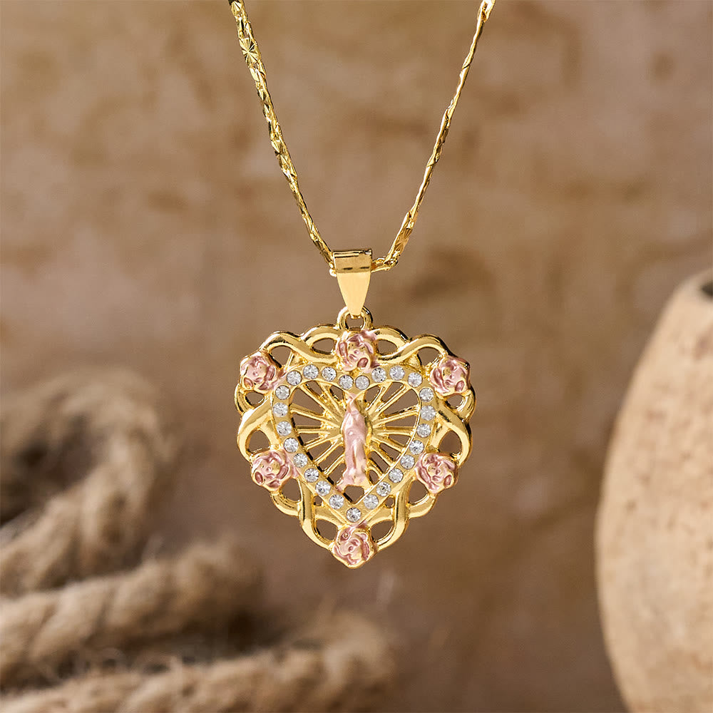 Openwork Our Lady Heart Necklace with Rose Accent