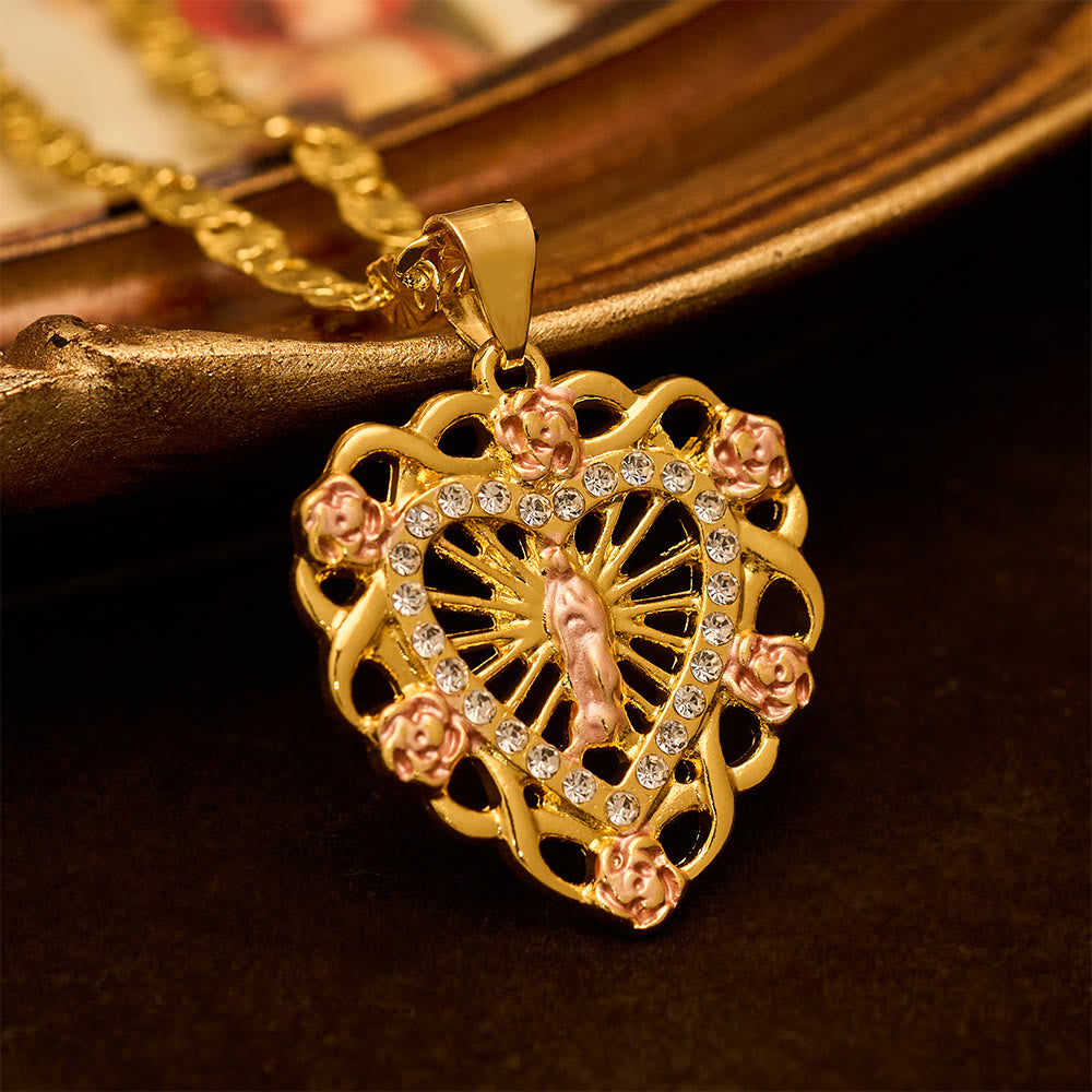 Openwork Our Lady Heart Necklace with Rose Accent