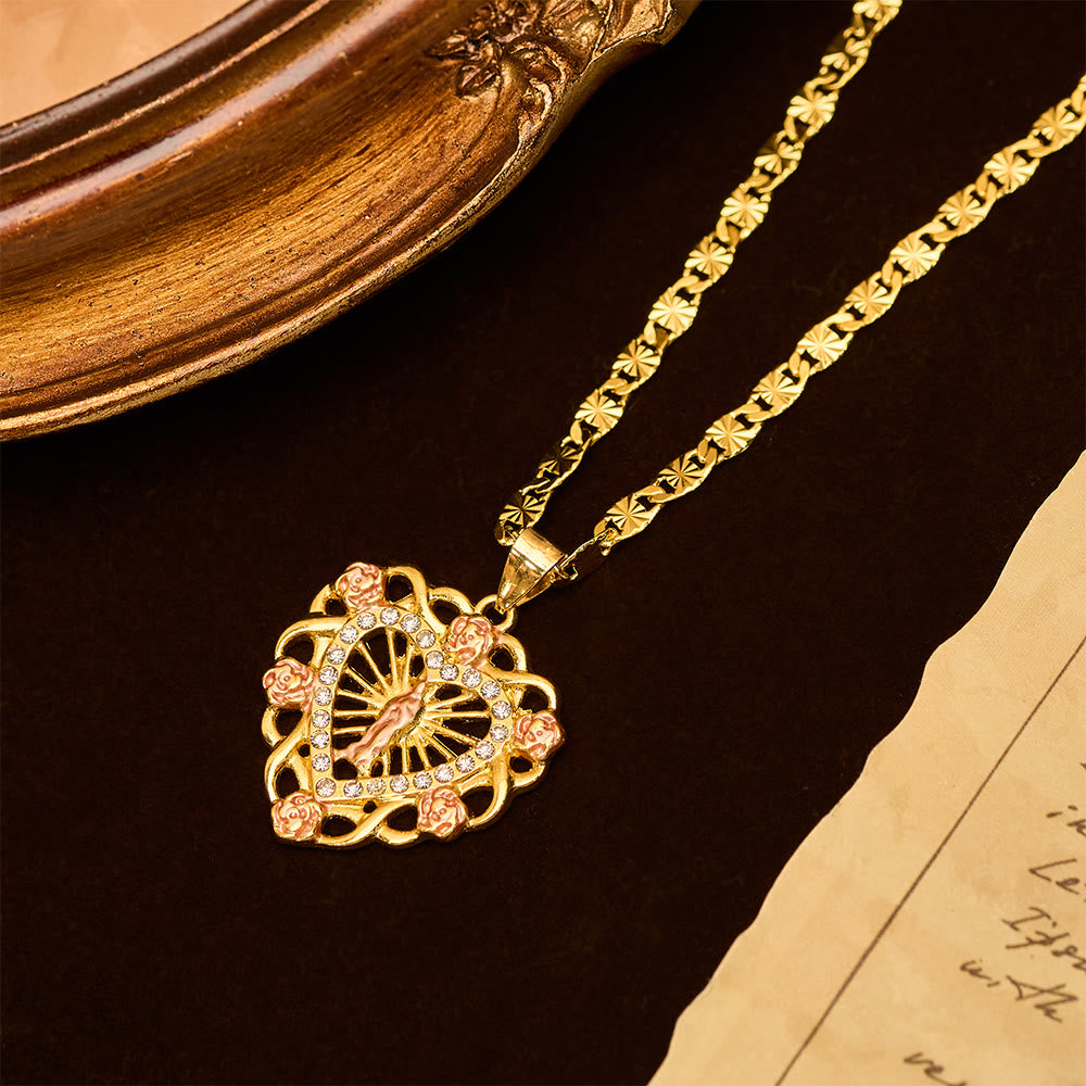 Openwork Our Lady Heart Necklace with Rose Accent