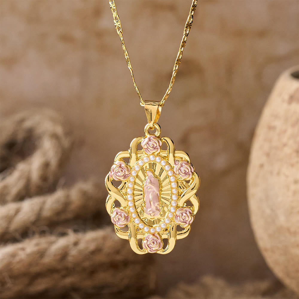 Rose Accent Our Lady Oval Necklace